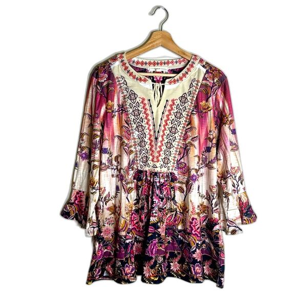 Farmers Market by One World Printed Knit Velvet Bib Bell Sleeve Top size XL - Picture 2 of 12